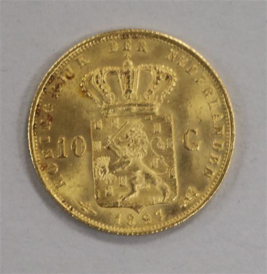 A Dutch Ten Gulden gold coin, 1897, 6.7g, AUNC